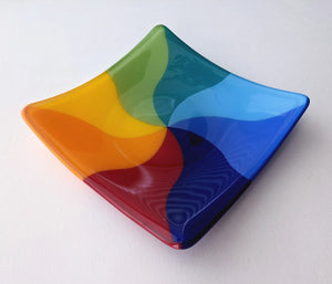 Small Fused Glass Square Plate - Rainbow Swirl