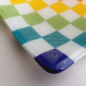Small Fused Glass Square Plate - Rainbow Checker