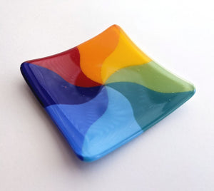 Mini Fused Glass Square Plate - Rainbow Swirl