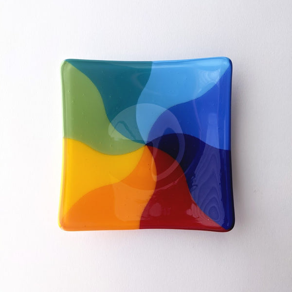 Small Fused Glass Square Plate - Rainbow Swirl