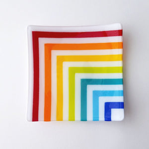 Fused Glass Square Plate - Rainbow & White Stripes