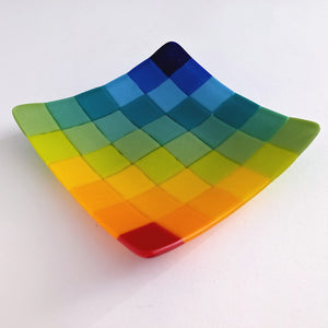 Small Fused Glass Square Plate - Rainbow Grid