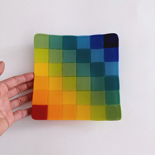 Small Fused Glass Square Plate - Rainbow Grid