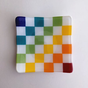 Small Fused Glass Square Plate - Rainbow Checker